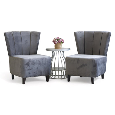 Grey Velvet Chair Set With Wooden Legs